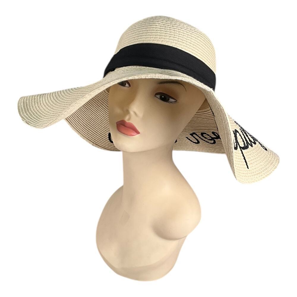 Mud Pie Happily Ever After Straw Sun Hat Wide Brim Embroidered One Size Vacation